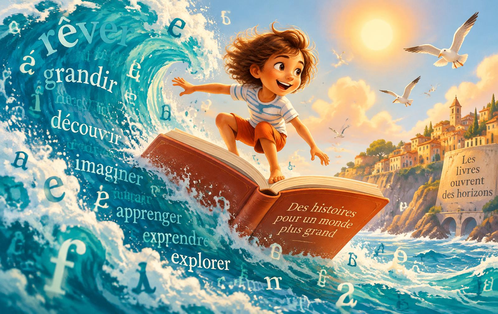 A smiling child surfing a wave of French words on an open book