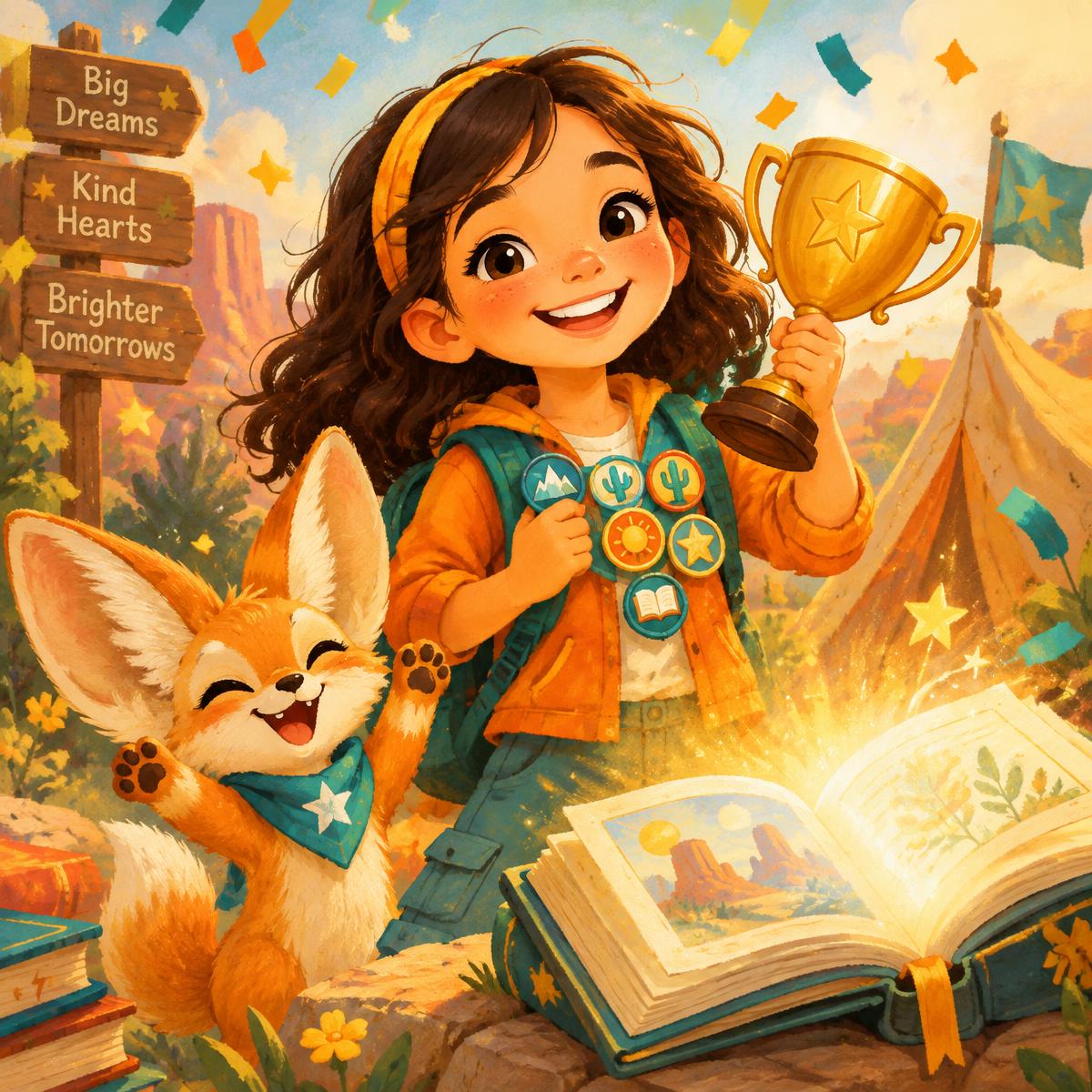 A happy girl holding a trophy with her fox friend
